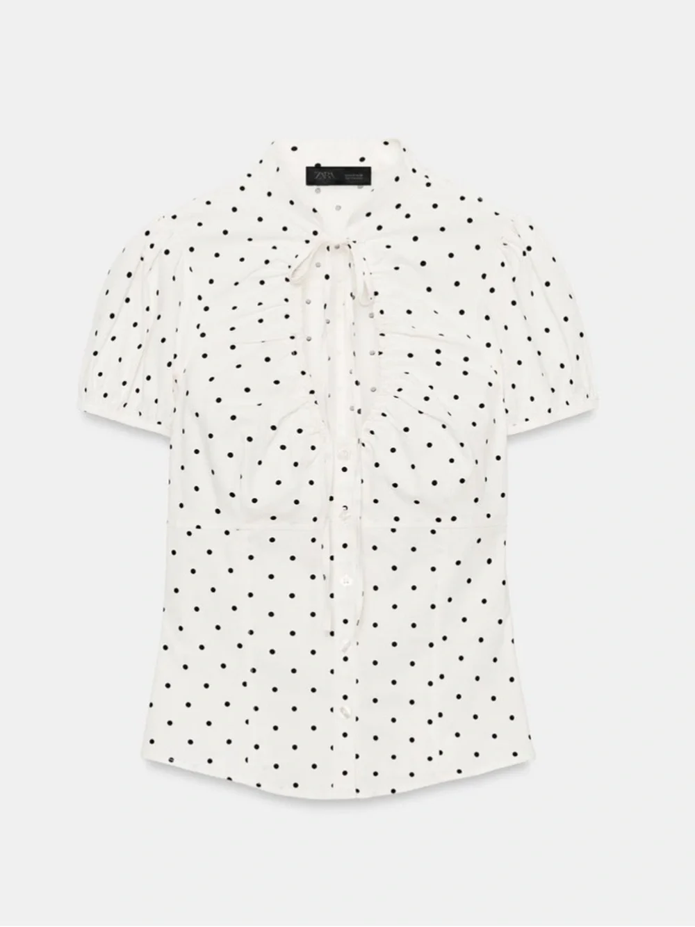 Zara White Polka Dot Tie-Neck Puff Sleeve Blouse